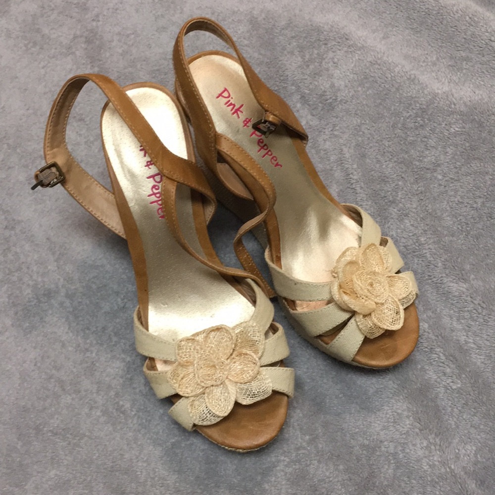 Nude wedges, wore once (homecoming).